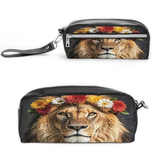 MNVTSKOP Kosmetiktasche, Motiv: Afrikanischer Löwe, der eine Blume auf dem Kopf trägt, kleine Kosmetiktasche, Reiseetui, tragbarer Schreibwaren-Organizer für Frauen, Lehrer von MNVTSKOP