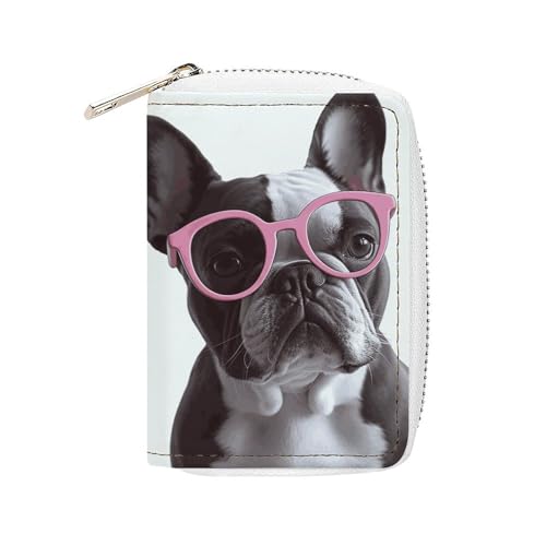 MNVTSKOP Kreditkartenetui aus weichem Leder, Bankkartenetui, französische Bulldogge, rosa Brille, Visitenkartenetui, Geldbörse mit 20 Kartenfächern, Ausweishülle, Organizer, Reißverschluss, Geldbörse von MNVTSKOP