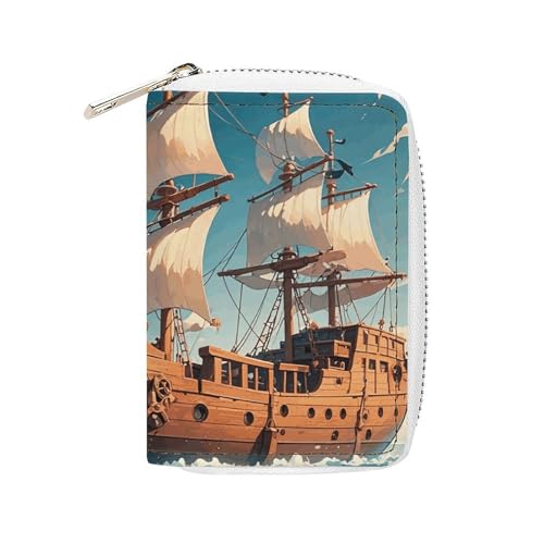 MNVTSKOP Kreditkartenetui aus weichem Leder, Kreditkartenetui, nordisches Piratenschiff, Visitenkartenetui, Geldbörse mit 20 Kartenfächern, Ausweishülle, Organizer, Reißverschluss, Geldbörse für Damen von MNVTSKOP