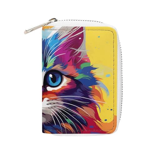 MNVTSKOP Kreditkartenetui aus weichem Leder, Kreditkartenetui mit Regenbogen-Cartoon-Katze, Visitenkartenetui mit 20 Kartenfächern, Ausweishülle mit Reißverschluss, Geldbörse für Damen und Herren von MNVTSKOP