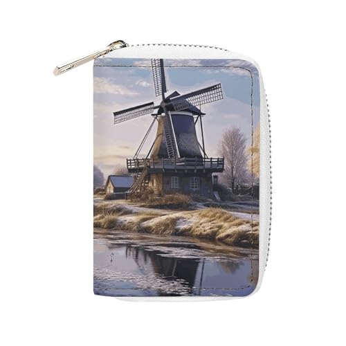 MNVTSKOP Kreditkartenetui aus weichem Leder, Querformat mit traditioneller Windmühle, Visitenkartenetui, Geldbörse mit 20 Kartenfächern, Ausweishülle, Organizer, Reißverschluss, Geldbörse für Damen von MNVTSKOP