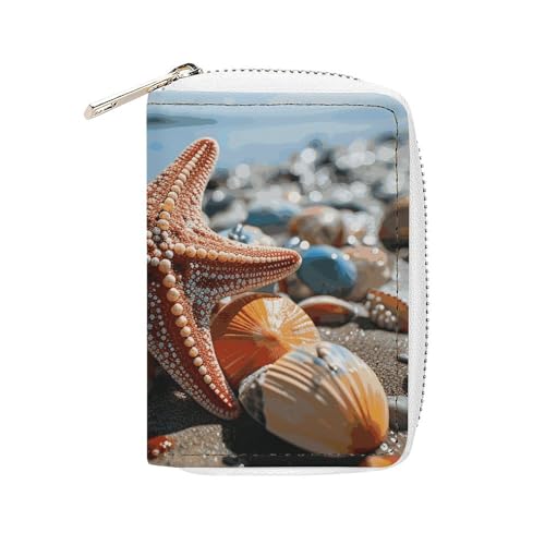MNVTSKOP Kreditkartenetui aus weichem Leder, buntes Seestern am Strand, Visitenkartenetui mit 20 Kartenfächern, Ausweishülle, Organizer, Geldbörse mit Reißverschluss, für Damen und Herren, bunter von MNVTSKOP