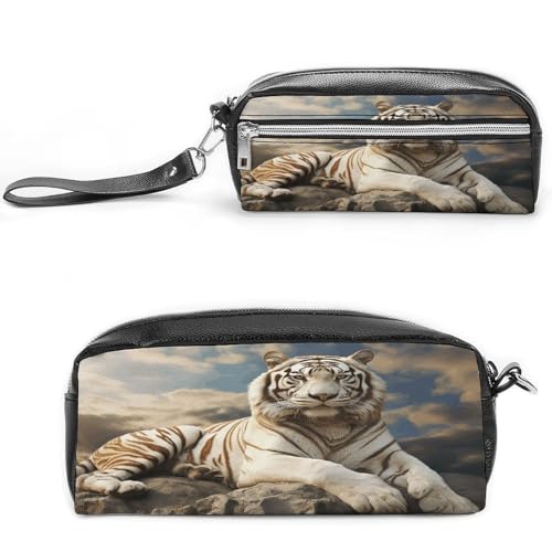 MNVTSKOP Majestic Tiger ruht auf einem Felsen Make-up-Tasche, kleine Kosmetiktasche, Reisekoffer, tragbarer Schreibwaren-Organizer für Frauen, Lehrer von MNVTSKOP