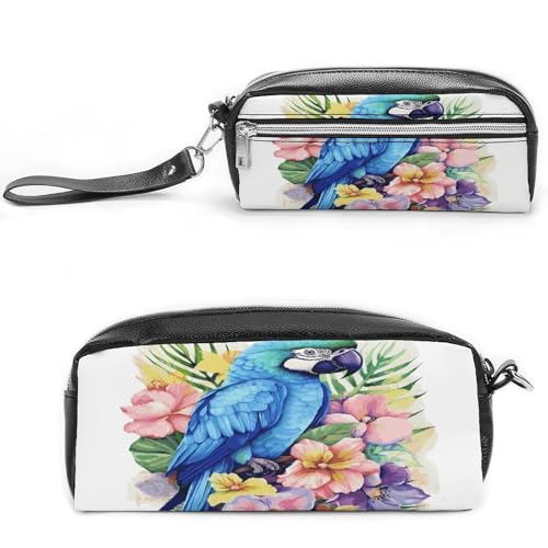 MNVTSKOP Make-up-Tasche, Motiv: Papagei in Blumen, klein, Kosmetiktasche, tragbar, Schreibwaren-Organizer für Frauen, Lehrer, Blau von MNVTSKOP
