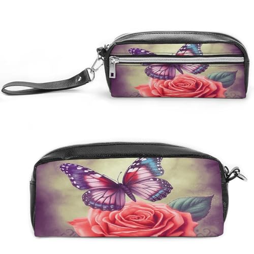 MNVTSKOP Make-up-Tasche, Motiv: Schmetterling und Rose, klein, Reiseetui, tragbar, Schreibwaren-Organizer für Damen, Lehrerin von MNVTSKOP