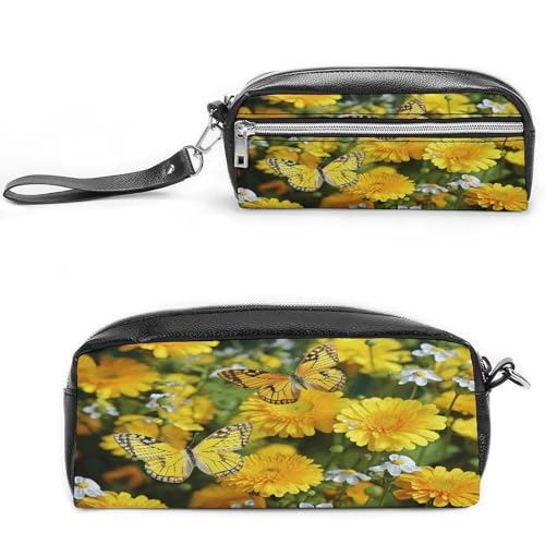 MNVTSKOP Make-up-Tasche, Motiv: gelbe Schmetterlinge und Gänseblümchen, kleine Kosmetiktasche, Reiseetui, tragbarer Schreibwaren-Organizer für Frauen, Lehrer von MNVTSKOP