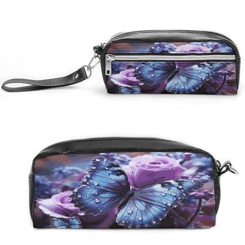 MNVTSKOP Make-up-Tasche mit lila Rose und Schmetterling, klein, Kosmetiktasche, tragbar, Schreibwaren-Organizer für Frauen, Lehrer von MNVTSKOP