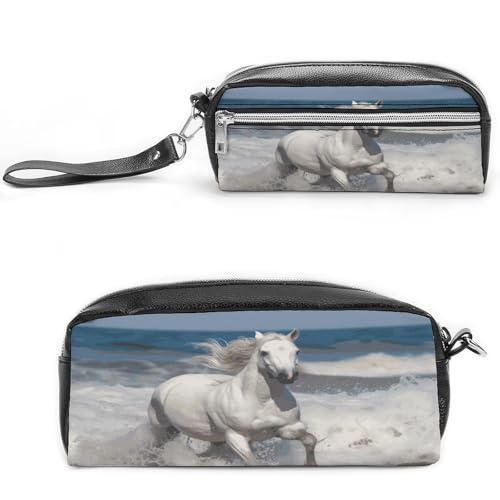 MNVTSKOP Make-up-Tasche mit weißem Pferd auf dem Meer, kleine Kosmetiktasche, Reiseetui, tragbarer Schreibwaren-Organizer für Frauen, Lehrer von MNVTSKOP