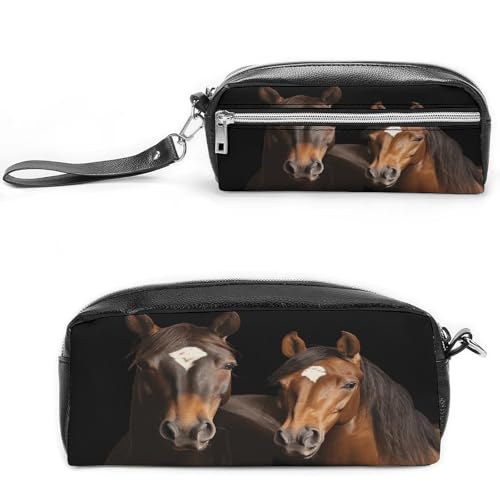 MNVTSKOP Make-up-Tasche mit zwei Pferden auf schwarzem Hintergrund, kleine Kosmetiktasche, Reiseetui, tragbarer Schreibwaren-Organizer für Frauen, Lehrer von MNVTSKOP