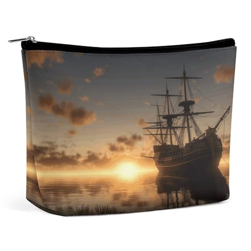 MNVTSKOP Ship in The Lake Sunset Kosmetiktasche Große Kapazität Reise Make-up Tasche Trendy Tragbare Kulturbeutel für Frauen von MNVTSKOP