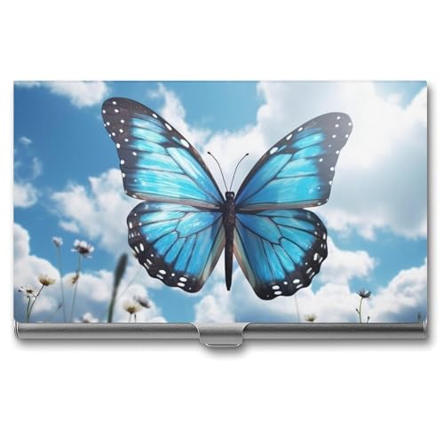 MNVTSKOP Visitenkartenetui aus Metall, schmales Visitenkartenetui, Geldbörse, Namenskartenhalter, blauer Schmetterling und Wolken, professioneller Visitenkarten-Organizer, Kredit-Träger für Männer und von MNVTSKOP