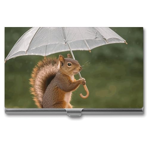 MNVTSKOP Visitenkartenhalter aus Metall, schlankes Visitenkartenetui, Geldbörse, Namenskartenhalter, Eichhörnchen, hält einen Regenschirm, professionelle Geschäftskarten, Organizer, Kredit-Träger für von MNVTSKOP