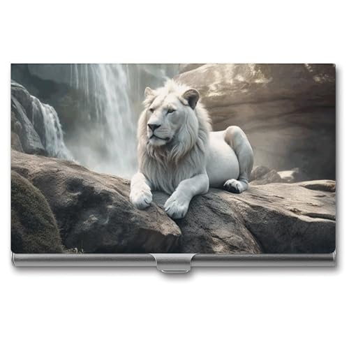 MNVTSKOP Visitenkartenhalter aus Metall, schlankes Visitenkartenetui, Geldbörse, Namenskartenhalter, Löwe auf Felsen, professioneller Geschäftskarten, Organizer, Kreditträger für Männer und Frauen von MNVTSKOP