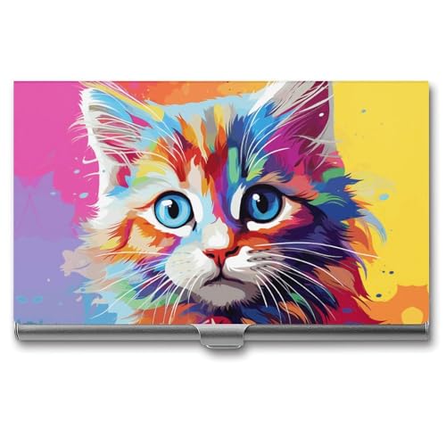 MNVTSKOP Visitenkartenhalter aus Metall, schlankes Visitenkartenetui, Geldbörse, Namenskartenhalter, Regenbogen-Cartoon-Katze, professionelle Geschäftskarten, Organizer, Kredit-Träger für Männer und von MNVTSKOP