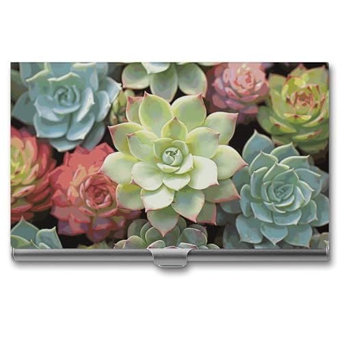 MNVTSKOP Visitenkartenhalter aus Metall, schlankes Visitenkartenetui, Geldbörse, Namenskartenhalter, grüne Sukkulenten, professionelle Geschäftskarten, Organizer, Kreditträger für Männer und Frauen von MNVTSKOP