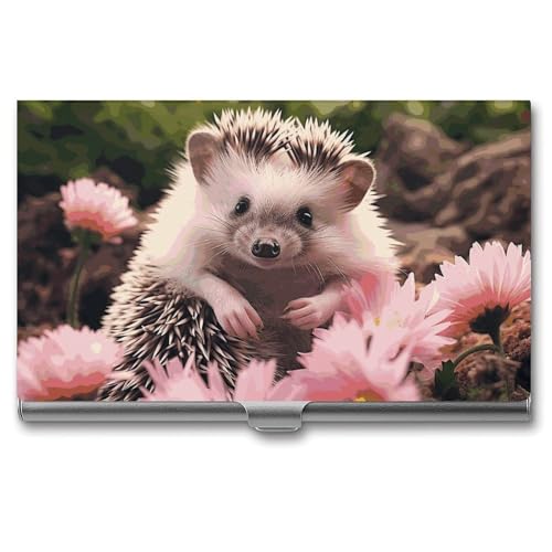 MNVTSKOP Visitenkartenhalter aus Metall, schlankes Visitenkartenetui, Geldbörse, Namenskartenhalter, niedlicher Igel in Blumen, professioneller Geschäftskarten, Organizer, Kreditträger für Männer und von MNVTSKOP