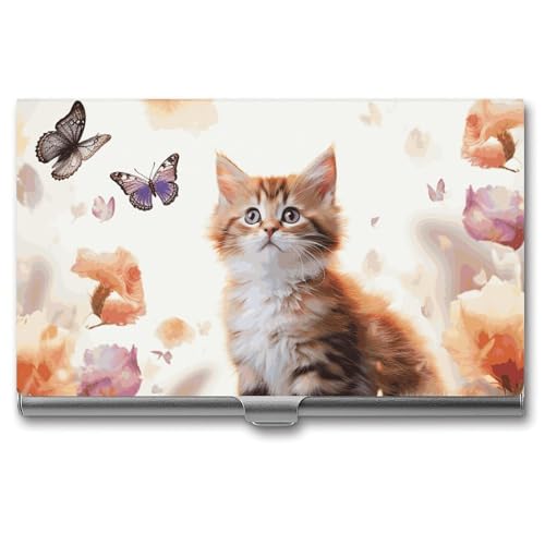 MNVTSKOP Visitenkartenhalter aus Metall, schlankes Visitenkartenetui, Geldbörse, Namenskartenhalter, niedliches Kätzchen, Schmetterling, professionelle Geschäftskarten, Organizer, Kredit-Träger für von MNVTSKOP