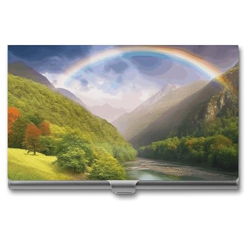 MNVTSKOP Visitenkartenhalter aus Metall, schmal, Geldbörse, Namenskartenhalter, Bergtal mit Regenbogen, professionelle Geschäftskarten, Organizer, Kreditträger für Männer und Frauen, Mountain Valley von MNVTSKOP