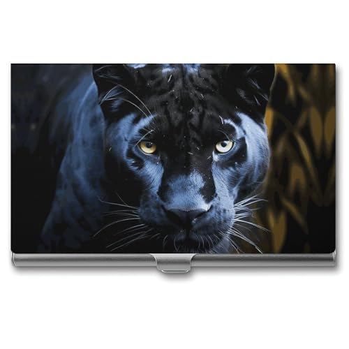 MNVTSKOP Visitenkartenhalter aus Metall, schmal, Geldbörse, Namenskartenhalter, Panther mit blauen Augen, professioneller Visitenkarten-Organizer, Kredit-Träger für Männer und Frauen, Panther mit von MNVTSKOP