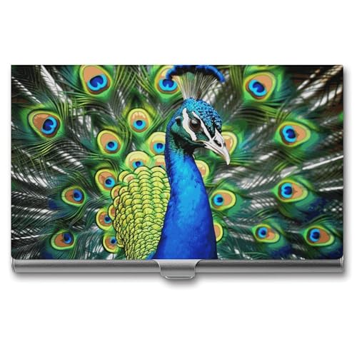 MNVTSKOP Visitenkartenhalter aus Metall, schmal, Geldbörse, Namenskartenhalter, blauer Pfau, professioneller Geschäftskarten, Organizer, Kreditträger für Männer und Frauen, blauer Pfau, 9,4 x 5,6 x von MNVTSKOP