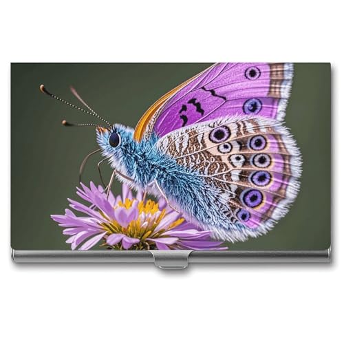 MNVTSKOP Visitenkartenhalter aus Metall, schmal, Geldbörse, Namenskartenhalter, hübscher violetter Schmetterling, professionelle Geschäftskarten, Organizer, Kreditträger für Männer und Frauen von MNVTSKOP