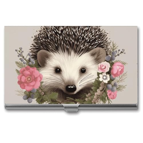 MNVTSKOP Visitenkartenhalter aus Metall, schmales Visitenkartenetui, Geldbörse, Namenskartenhalter, Igel im Blumenkranz, professioneller Visitenkarten-Organizer, Kredit-Träger für Männer und Frauen von MNVTSKOP