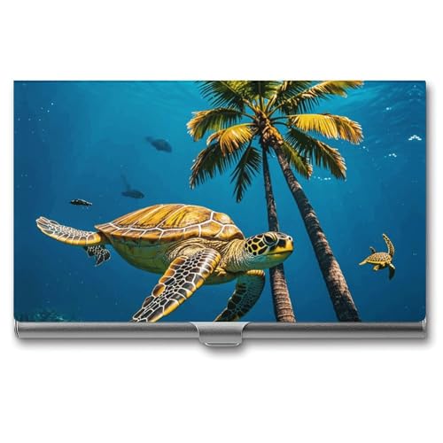 MNVTSKOP Visitenkartenhalter aus Metall, schmales Visitenkartenetui, Geldbörse, Namenskartenhalter, Palmen und Meeresschildkröten, Tauchen, Unterwasser, professionelle Geschäftskarten, Organizer von MNVTSKOP