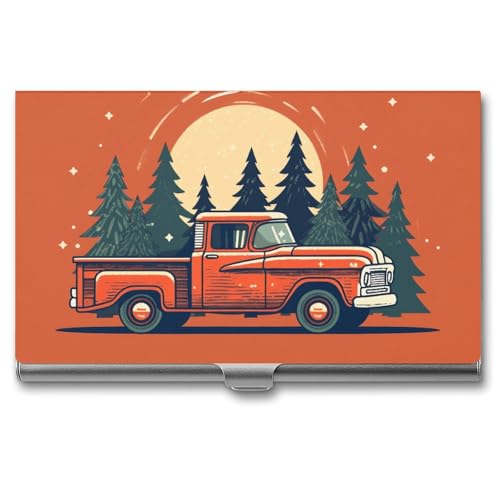 MNVTSKOP Visitenkartenhalter aus Metall, schmales Visitenkartenetui, Geldbörse, Namenskartenhalter, roter Pickup-Truck, professionelle Geschäftskarten, Organizer, Kreditträger für Männer und Frauen von MNVTSKOP