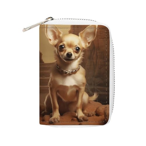 MNVTSKOP Weiches Leder Kreditkartenetui Bankkartenetui Chihuahua auf dem Hügel Visitenkartenetui Geldbörse mit 20 Kartenfächern Ausweishülle Organizer Reißverschluss Geldbörse für Damen und Herren von MNVTSKOP