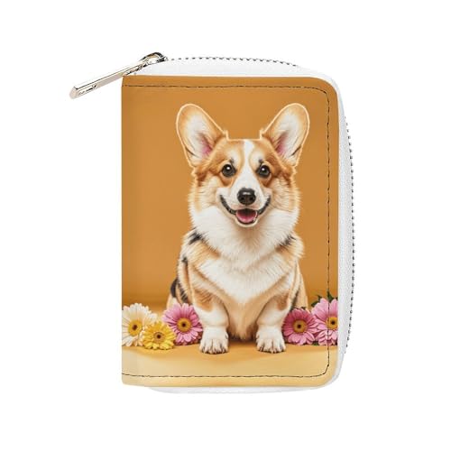 MNVTSKOP Weiches Leder Kreditkartenetui Bankkartenetui Corgi Floral Blumen Visitenkartenetui Geldbörse mit 20 Kartenfächern Ausweishülle Organizer Reißverschluss Geldbörse für Damen und Herren, Corgi von MNVTSKOP