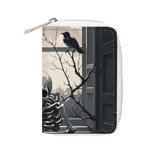 MNVTSKOP Weiches Leder Kreditkartenetui Bankkartenetui Ein Rabe auf der Fensterbank Visitenkartenetui Geldbörse mit 20 Kartenfächern Ausweishülle Organizer Reißverschluss Geldbörse für Damen und von MNVTSKOP