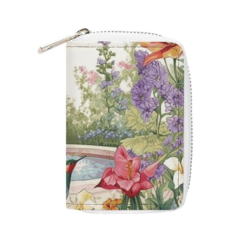 MNVTSKOP Weiches Leder Kreditkartenetui Bankkartenetui Garten mit Vögeln und Blumen Visitenkartenetui Geldbörse mit 20 Kartenfächern Ausweishülle Organizer Reißverschluss Geldbörse für Damen Herren von MNVTSKOP