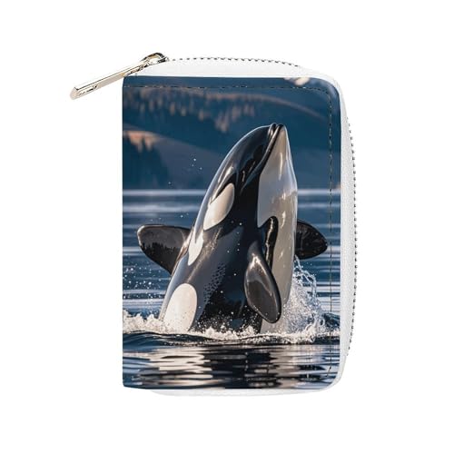 MNVTSKOP Weiches Leder Kreditkartenetui Bankkartenetui Orca Killer Wal Visitenkartenetui Geldbörse mit 20 Kartenfächern Ausweishülle Organizer Reißverschluss Geldbörse für Damen Herren Orca Killer Wal von MNVTSKOP