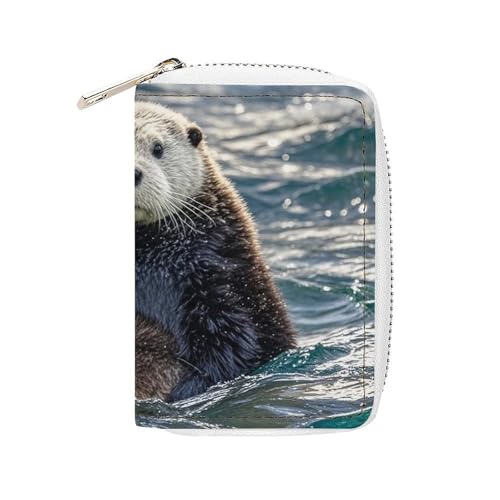 MNVTSKOP Weiches Leder Kreditkartenetui Bankkartenetui Sea Otter Visitenkartenetui Geldbörse mit 20 Kartenfächern Ausweishülle Organizer Reißverschluss Geldbörse für Damen und Herren, Sea Otter, 8,9 x von MNVTSKOP