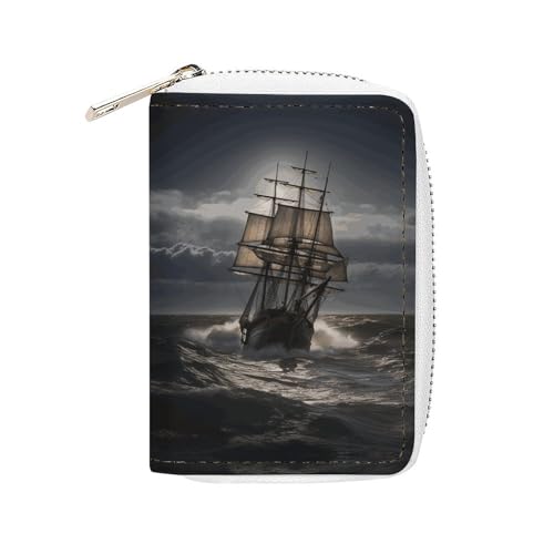 MNVTSKOP Weiches Leder Kreditkartenetui Bankkartenetui Segelschiff im Sturm Visitenkartenetui Geldbörse mit 20 Kartenfächern Ausweishülle Organizer Reißverschluss Geldbörse für Damen und Herren von MNVTSKOP