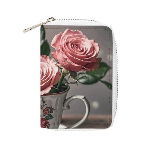 MNVTSKOP Weiches Leder Kreditkartenetui Bankkartenetui Teetassen mit Rosen Romantisch Shabby Visitenkartenetui Geldbörse mit 20 Kartenfächern Ausweishülle Organizer Reißverschluss Geldbörse für Damen von MNVTSKOP