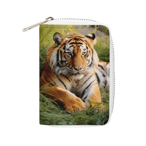 MNVTSKOP Weiches Leder Kreditkartenetui Bankkartenetui Tiger liegt auf dem Gras Visitenkartenetui Geldbörse mit 20 Kartenfächern Ausweishülle Organizer Reißverschluss Geldbörse für Damen und Herren von MNVTSKOP