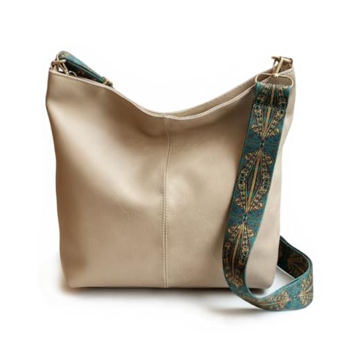 Damen-Umhängetasche aus PU-Leder – elegant und lässig, mit verstellbarem Riemen, ethnischer Stil, große Taschen für den Alltag, beige von MOANATURA