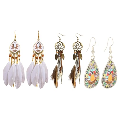 3 Paar Boho Ohrringe, Feder-Ohrringe Für Frauen, Earrings For Women, Boho Schmuck Damen, Boho Style Ohrring, Für Frauen Und Mädchen, Festival Zubehör, Festival Outfit Damen von MOAZIFI