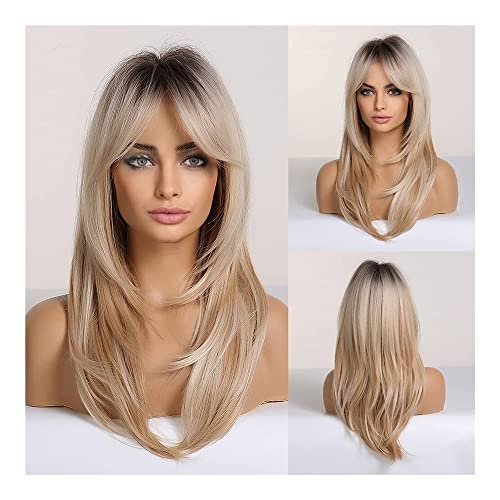 Perücke Damen Party Gebrauch Lange Layered Blonde Perücken, Layered Synthetische Haar Perücke Mit Dunklen Wurzeln Für Tägliche Party Perücken für Täglich von MOBAAK