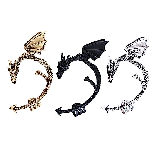 MOBUTOFU 3 Stück Gothic Ohrmanschetten Drachen Design Punk Retro Stil Ohrclip Manschetten in Antikbronze Antiksilber und Schwarz Robuste Ohrschmuck für Damen und Mädchen Non Piercing von MOBUTOFU