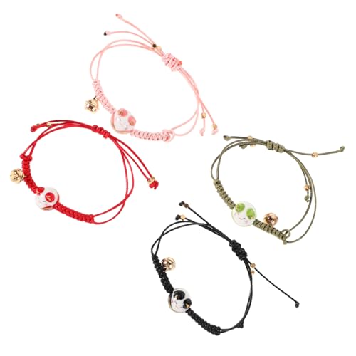 MOBUTOFU 4-teiliges Charm-armband Mit Katzenmotiv: Handgefertigter Schmuck Mit Katzenperlen Aus Keramik – Verstellbares Geflochtenes Seil – Glücksarmband Mit Maneki-neko-glöckchen von MOBUTOFU
