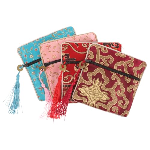 MOBUTOFU 4stücke Satin-stofftasche Mit Reißverschluss Stoff-schmuckbeutel Bestickte Aufbewahrungstasche Für Damen Kleine Reise-schmuckbeutel Taschen-Organizer Zur Aufbewahrung Von Schmuck u von MOBUTOFU
