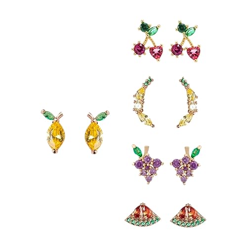 MOBUTOFU 5 Paare Frucht Themen Ohrringe für Frauen Silber Tropenfrüchte Ohrringe mit Kristallen Zitrone Traube Wassermelone Herz Kirsche Chic Eardrops Schmuck von MOBUTOFU