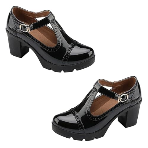 MOBUTOFU Damen High Heels mit Rundem Zehenbereich Wasserdichter Plateauabsatz Atmungsaktivem Mikrofaser Material Komfortablem Blockabsatz Geeignet für Sommer Büro Party und Alltag Schwarz von MOBUTOFU