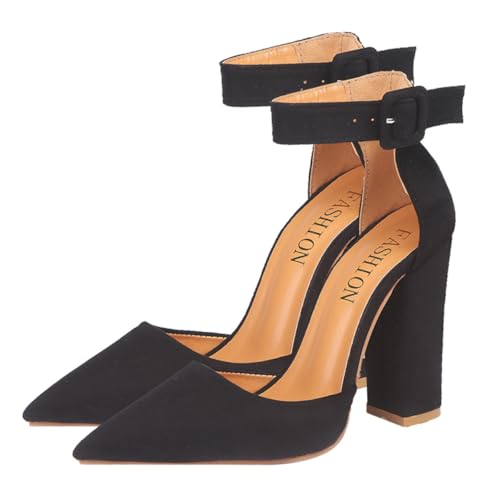 MOBUTOFU Damen Pumps mit Grobem Absatz Spitzem Zehenbereich rutschfeste Schnalle Atmungsaktiv Bequem Modisch für Arbeit Party Hochzeit Shopping Schwarz von MOBUTOFU