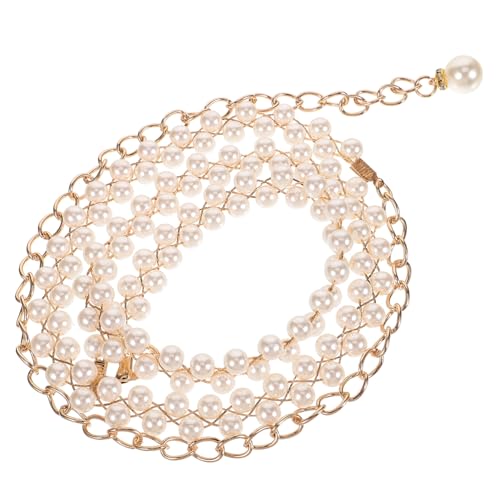 MOBUTOFU Eleganter Perlen Taillengürtel für Damen Dekorative Doppelreihe aus Weißen Perlen Handgeflochtene Goldfarbene Kette als Schmuckgürtel für Abendkleider Hochzeiten und Partys von MOBUTOFU