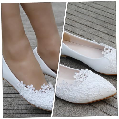 MOBUTOFU Flache Brautschuhe Spitze Elegante Hochzeitsschuhe Damen Spitzes Design Bequeme Flache Hochzeitsschuhe Weiß von MOBUTOFU