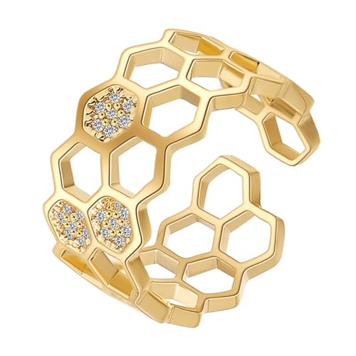 MOBUTOFU Gold Plattierter Offener Damenring mit Zirkonia Verstellbarer Fingerring als Elegantes Schmuck Accessoire als für Freundin zu Besonderen Anlässen von MOBUTOFU
