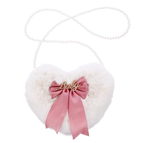 MOBUTOFU Herzförmige Plüsch Umhängetasche Damen mit Schleife Flauschige Diagonal Bag Sweet Style für Party Shopping Reise Alltag von MOBUTOFU